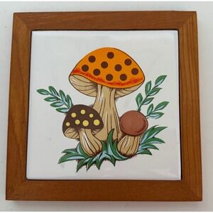 Vtg Merry Mushroom Ceramic Tile Hanging Wooden Wall Trivet Made in Japan 70s